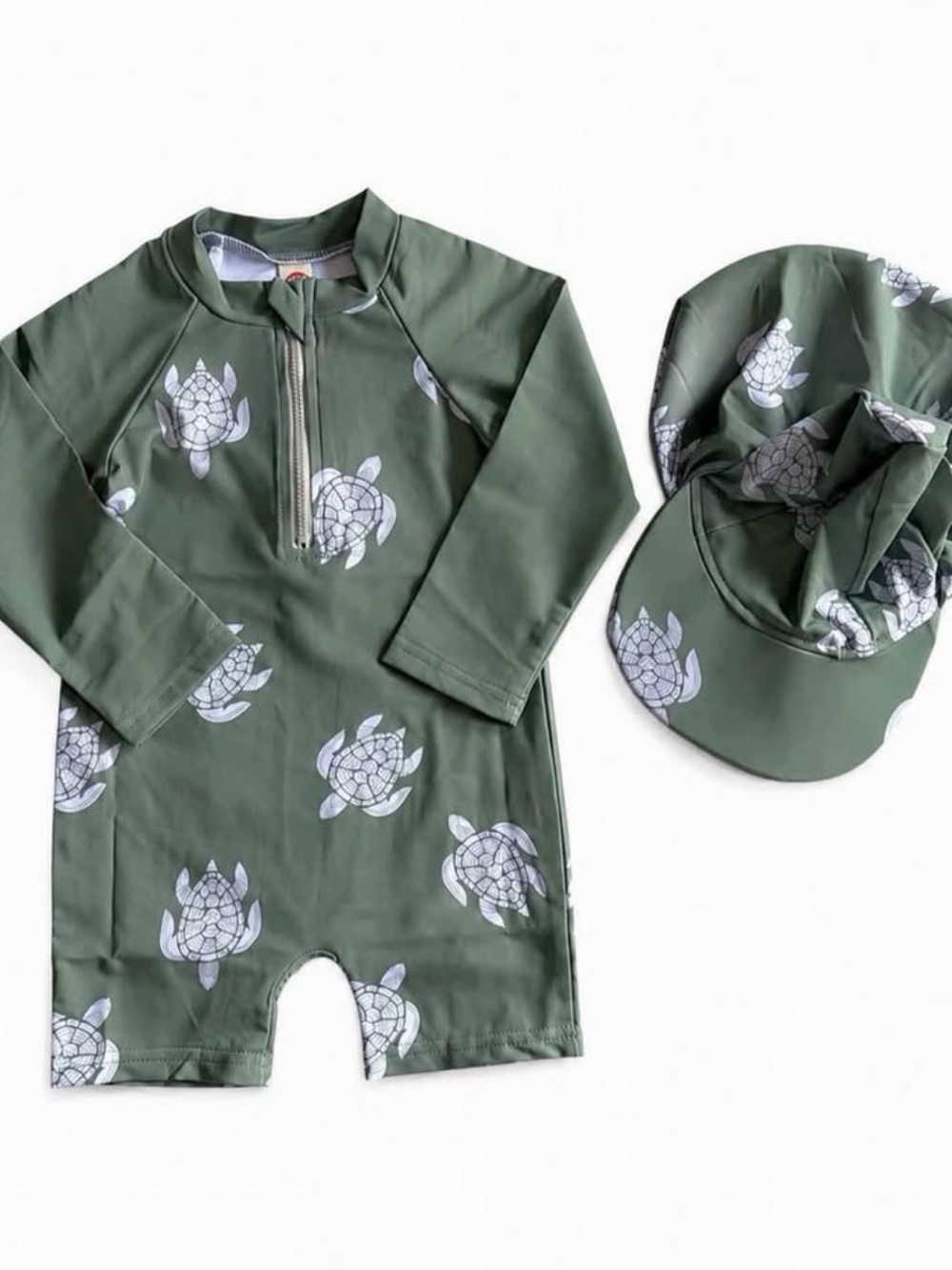 Kids Olive Green Turtle Print Rash Guard Swimsuit with Sun Hat